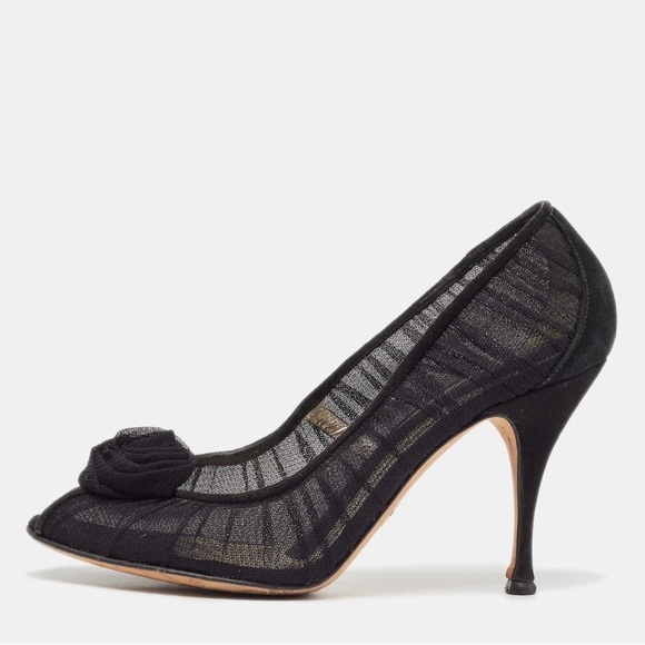 Dolce & Gabbana Black Tulle Fabric Flower Applique Peep Toe Pumps Size 37 - Picture 3 of 11